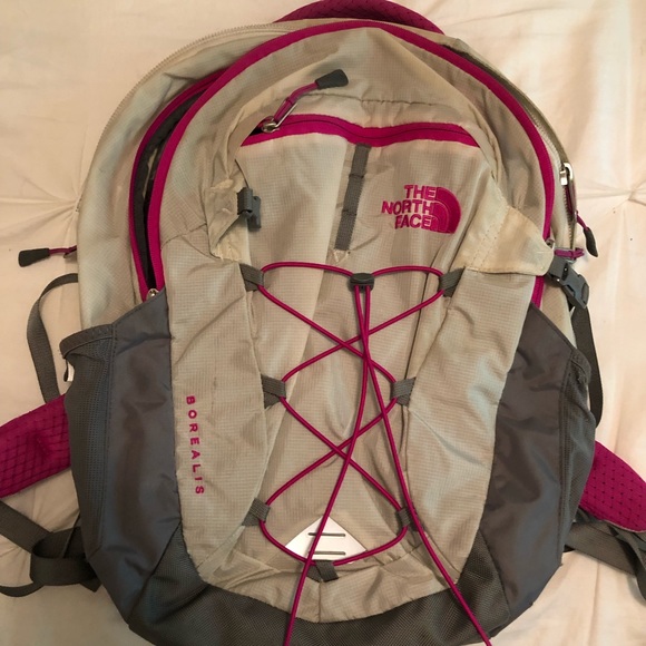 pink and gray north face backpack